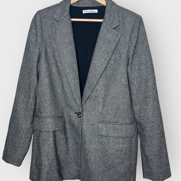 Reformation Camley Wool Blend Blazer Coat M Gray Herringbone Academia Chic - Picture 4 of 11
